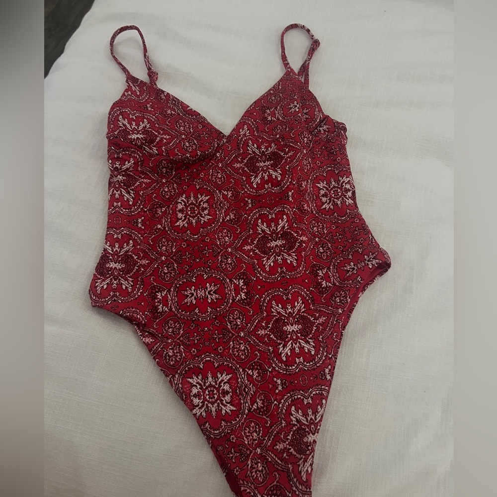 Frankie’s Bikinis Red Paisley Bandana One Piece Swimsuit